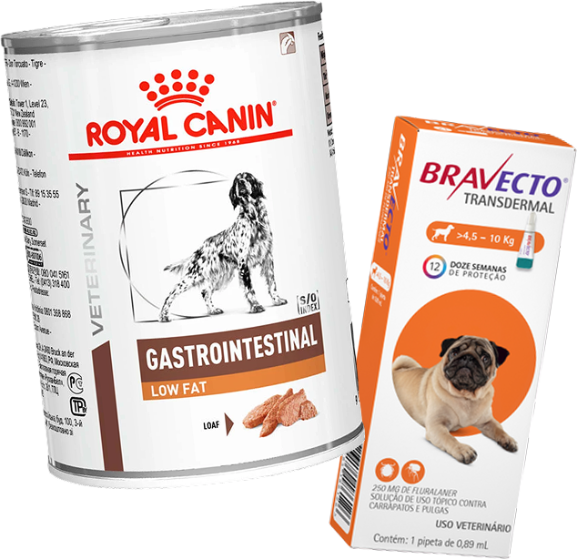 Kit Ração Úmida Royal Canin Gastrointestinal Low Fat Cães Adultos 420g e Antipulgas Bravecto Cães 4,5 a 10kg 250mg - KIT