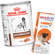 Kit Ração Úmida Royal Canin Gastrointestinal Low Fat Cães Adultos 420g e Antipulgas Bravecto Cães 4,5 a 10kg 250mg - KIT