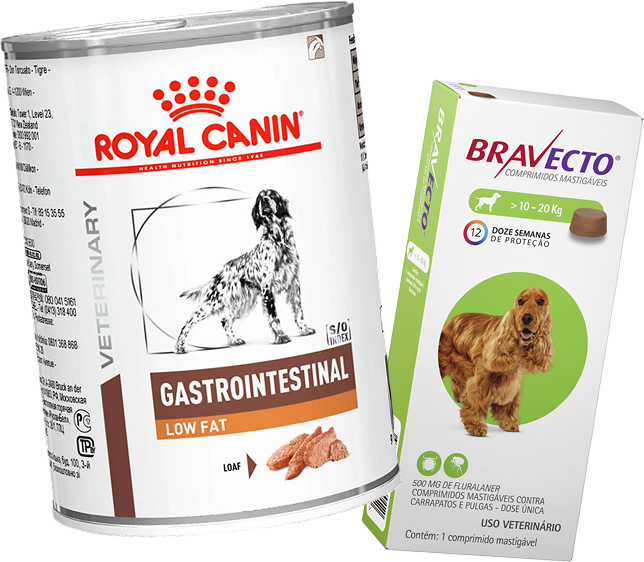 Kit Ração Úmida Royal Canin Gastrointestinal Low Fat Cães Adultos 420g e Antipulgas Bravecto Cães 10-20kg 500mg - KIT