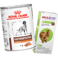 Kit Ração Úmida Royal Canin Gastrointestinal Low Fat Cães Adultos 420g e Antipulgas Bravecto Cães 10-20kg 500mg - KIT