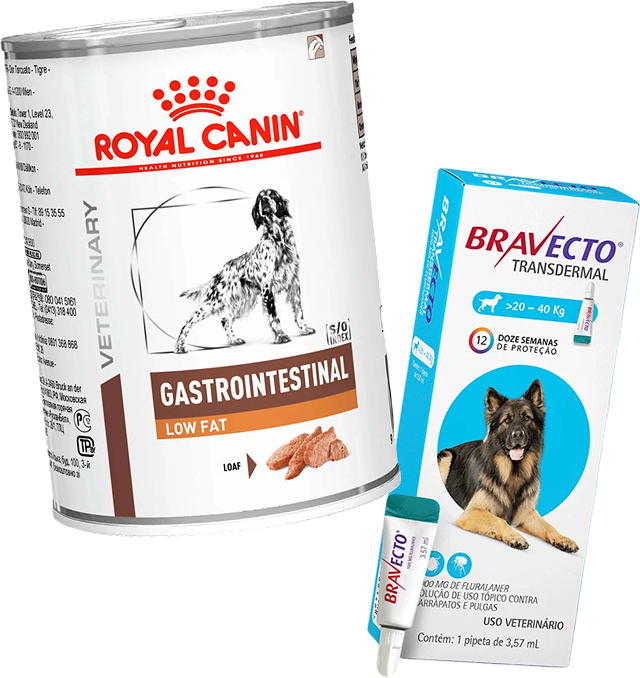 Kit Ração Úmida Royal Canin Gastrointestinal Low Fat Cães Adultos 420g e Antipulgas Bravecto Cães 20-40kg 1000mg - KIT