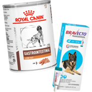 Kit Ração Úmida Royal Canin Gastrointestinal Low Fat Cães Adultos 420g e Antipulgas Bravecto Cães 20-40kg 1000mg - KIT
