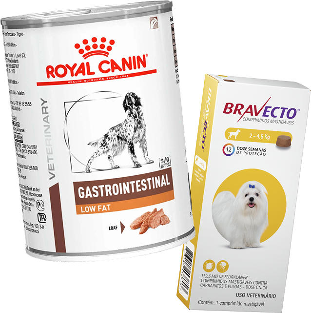 Kit Ração Úmida Royal Canin Gastrointestinal Low Fat Cães Adultos 420g e Antipulgas Bravecto Cães 2 a 4,5kg - KIT