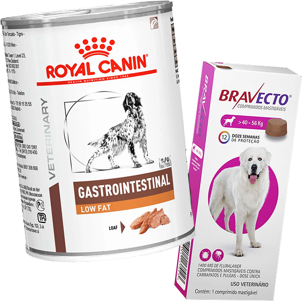 Kit Ração Úmida Royal Canin Gastrointestinal Low Fat Cães Adultos 420g e Antipulgas Bravecto Cães 40-56kg 1400mg - KIT