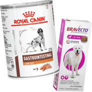 Kit Ração Úmida Royal Canin Gastrointestinal Low Fat Cães Adultos 420g e Antipulgas Bravecto Cães 40-56kg 1400mg - KIT