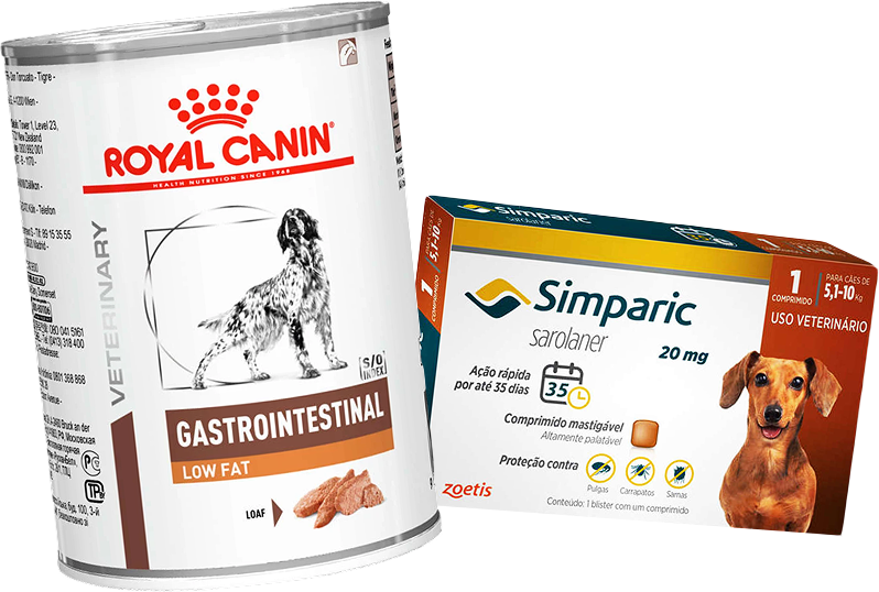 Kit Ração Úmida Royal Canin Gastrointestinal Low Fat Cães Adultos 420g e Antipulgas Simparic 20mg Cães 5,1-10kg - KIT