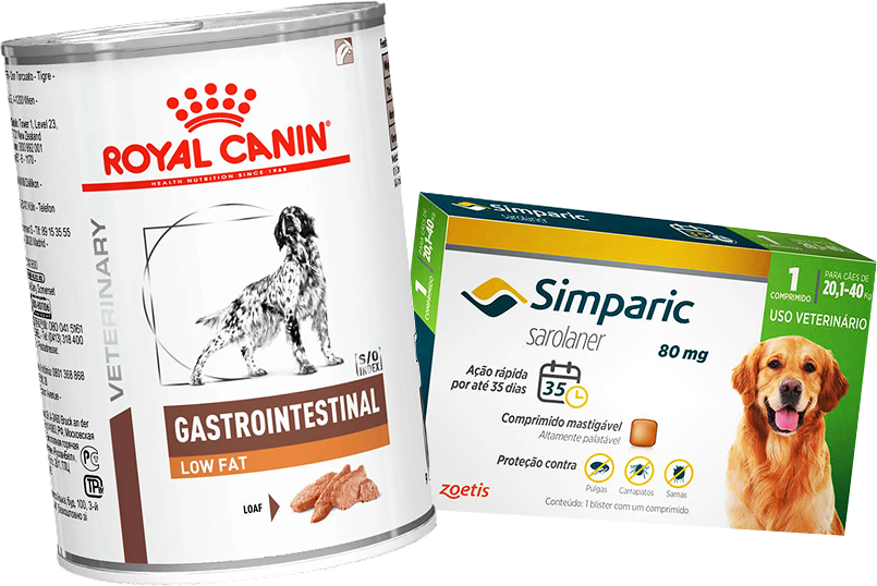 Kit Ração Úmida Royal Canin Gastrointestinal Low Fat Cães Adultos 420g e Antipulgas Simparic 80mg Cães 20,1-40kg - KIT
