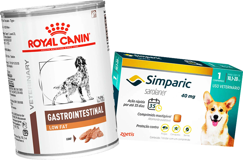 Kit Ração Úmida Royal Canin Gastrointestinal Low Fat Cães Adultos 420g e Antipulgas Simparic 40mg Cães 10,1-20kg - KIT
