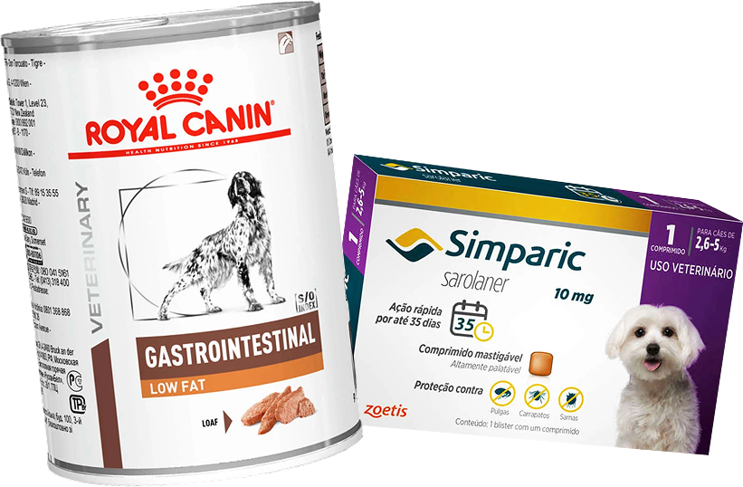 Kit Ração Úmida Royal Canin Gastrointestinal Low Fat Cães 420g e Antipulgas Simparic 10mg Cães 2,6 a 5kg - KIT