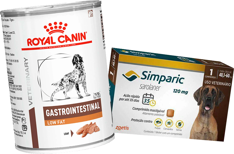 Kit Ração Úmida Royal Canin Gastrointestinal Low Fat Cães Adultos 420g e Antipulgas Simparic 120mg Cães 40,1-60kg - KIT