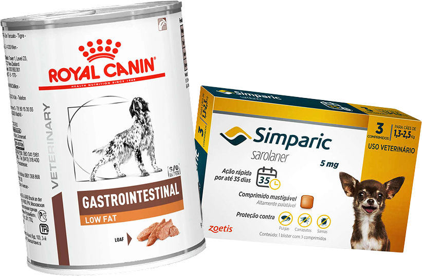 Kit Ração Úmida Royal Canin Gastrointestinal Low Fat Cães Adultos 420g e Antipulgas Simparic 5mg Cães 1,3 a 2,5kg - KIT