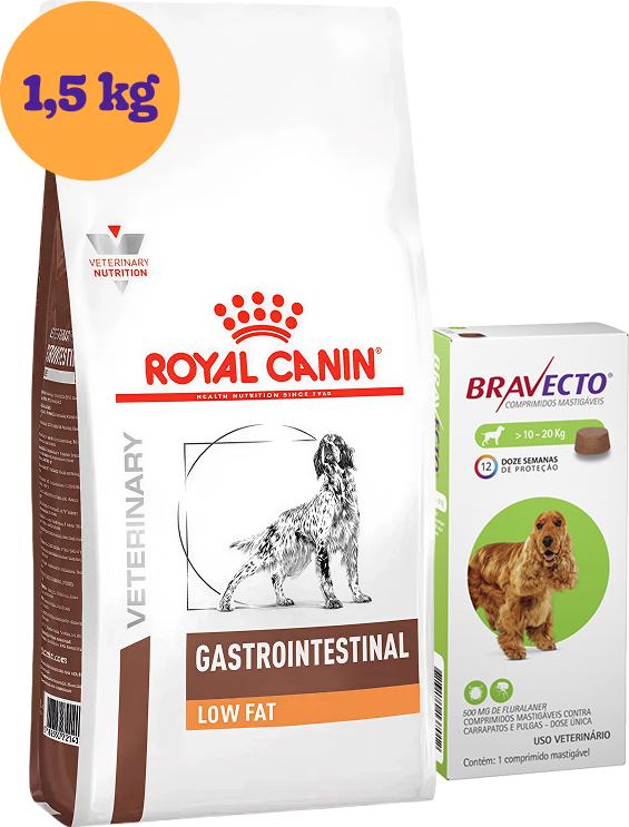 Kit Ração Royal Canin Gastro Intestinal Low Fat Cães Adultos 1,5Kg e Antipulgas Bravecto Cães 10-20Kg 500 mg KIT - KIT