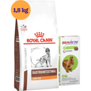 Kit Ração Royal Canin Gastro Intestinal Low Fat Cães Adultos 1,5Kg e Antipulgas Bravecto Cães 10-20Kg 500 mg - KIT