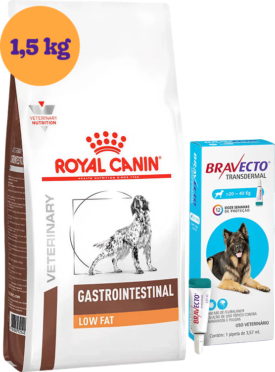 Kit Ração Royal Canin Gastro Intestinal Low Fat Cães Adultos 1,5Kg e Antipulgas Bravecto Cães 20 a 40Kg KIT - KIT