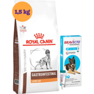 Kit Ração Royal Canin Gastro Intestinal Low Fat Cães Adultos 1,5Kg e Antipulgas Bravecto Cães 20 a 40Kg - KIT