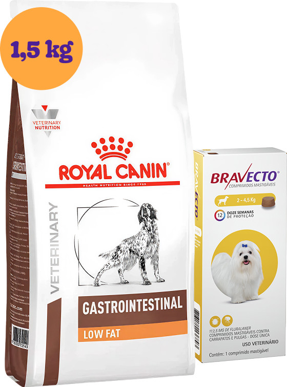 Kit Ração Royal Canin Gastro Intestinal Low Fat Cães Adultos 1,5Kg e Antipulgas Bravecto Cães 2 a 4,5Kg KIT - KIT