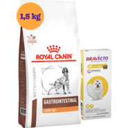 Kit Ração Royal Canin Gastro Intestinal Low Fat Cães Adultos 1,5Kg e Antipulgas Bravecto Cães 2 a 4,5Kg - KIT