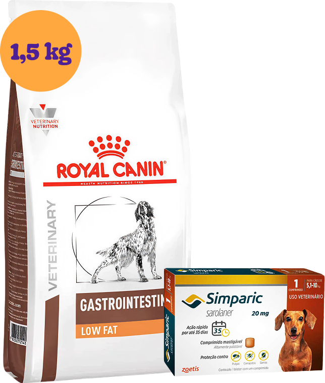 Kit Ração Royal Canin Gastro Intestinal Low Fat Cães Adultos 1,5Kg e Antipulgas Simparic 20 mg Cães 5,1 a 10Kg KIT - KIT