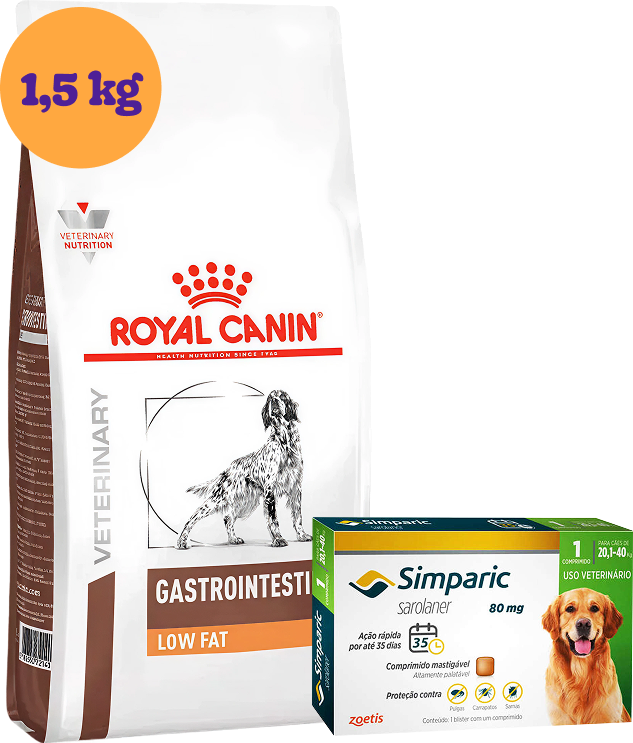 Kit Ração Royal Canin Gastro Intestinal Low Fat Cães Adultos 1,5Kg e Antipulgas Simparic 80 mg Cães 20,1 a 40Kg KIT - KIT