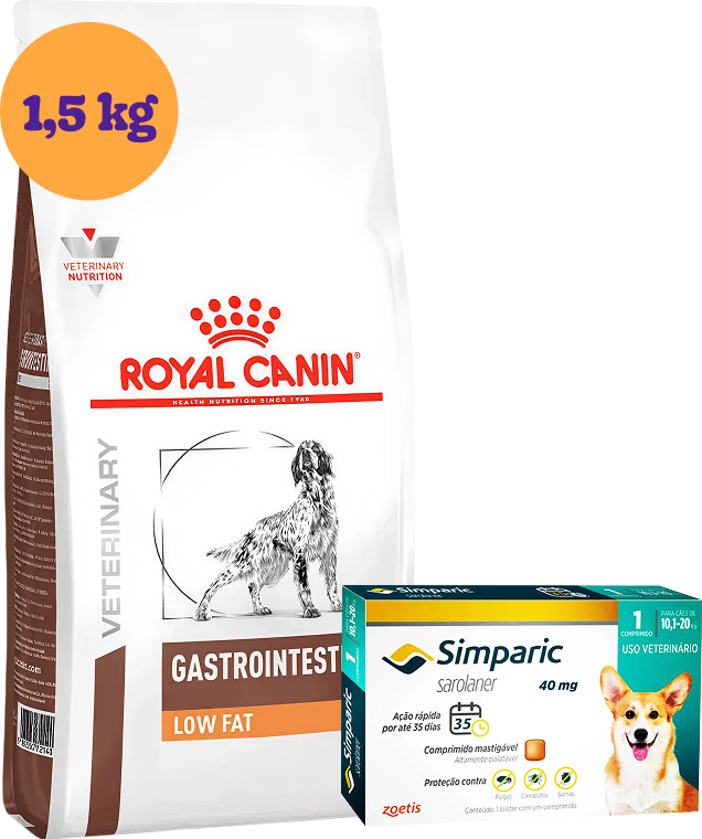 Kit Ração Royal Canin Gastro Intestinal Low Fat Cães Adultos 1,5Kg e Antipulgas Simparic 40 mg Cães 10,1 a 20Kg KIT - KIT