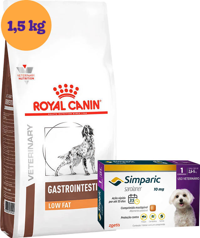 Kit Ração Royal Canin Gastro Intestinal Low Fat Cães Adultos 1,5kg e Antipulgas Simparic 10mg KIT - KIT