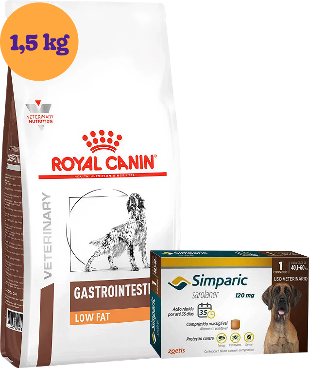 Kit Ração Royal Canin Gastro Intestinal Low Fat Cães Adultos 1,5Kg e Antipulgas Simparic 120 mg Cães 40,1-60Kg KIT - KIT