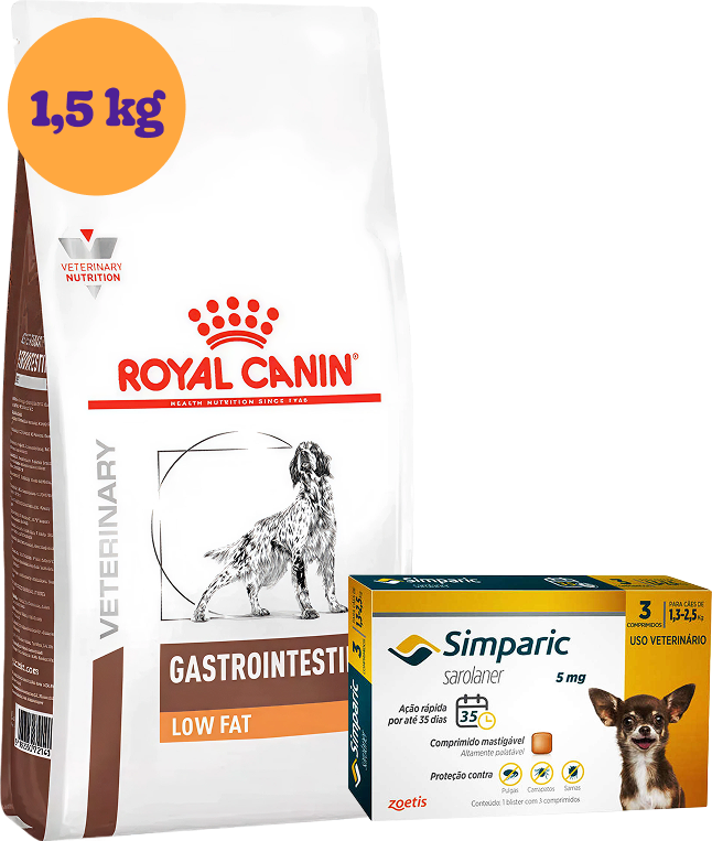 Kit Ração Royal Canin Gastro Intestinal Low Fat Cães Adultos 1,5Kg e Antipulgas Simparic 5 mg Cães 1,3 a 2,5Kg KIT - KIT
