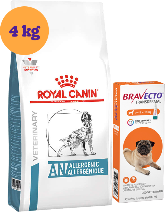 Kit Ração Royal Canin Anallergenic para Cães Adultos 4Kg e Antipulgas Bravecto 250 mg para Cães 4,5 a 10Kg KIT - KIT