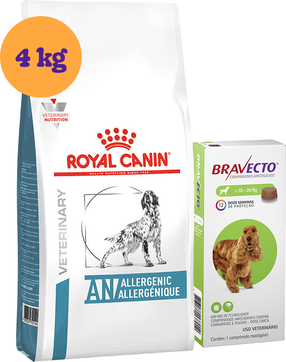 Kit Ração Royal Canin Anallergenic para Cães Adultos 4kg e Antipulgas Bravecto 10-20kg 500mg KIT - KIT