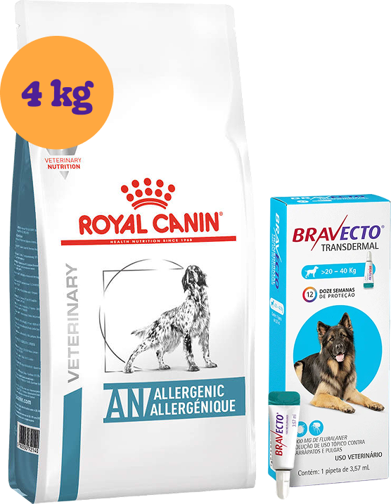 Kit Ração Royal Canin Anallergenic para Cães Adultos 4kg e Antipulgas Bravecto 20-40kg 1000mg KIT - KIT