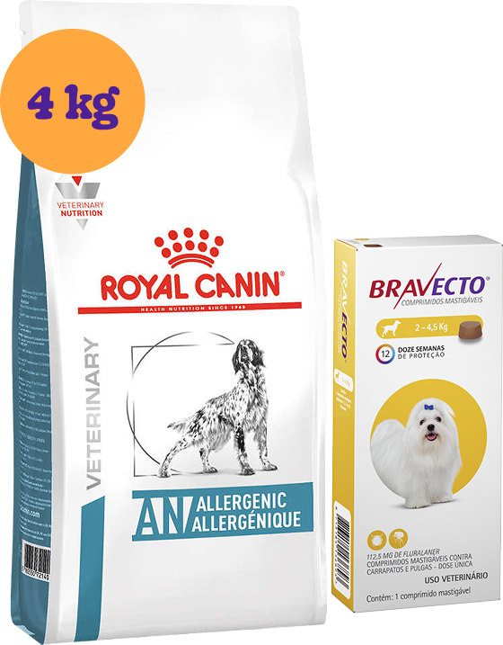 Kit Ração Royal Canin Anallergenic para Cães Adultos 4kg e Antipulgas Bravecto 112,5mg para Cães 2 a 4,5kg KIT - KIT