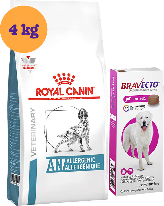 Kit Ração Royal Canin Anallergenic Cães Adultos 4kg e Antipulgas Bravecto Cães 40-56kg 1400mg KIT - KIT