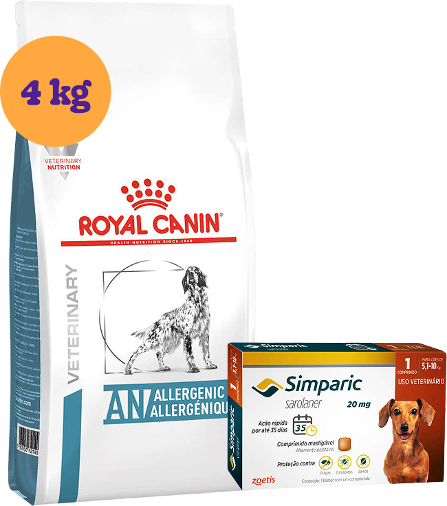 Kit Ração Royal Canin Anallergenic para Cães Adultos 4kg e Antipulgas Simparic 20mg para Cães 5,1 a 10kg KIT - KIT