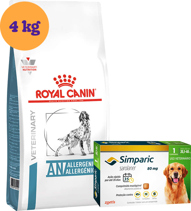 Kit Ração Royal Canin Anallergenic Cães Adultos 4kg e Antipulgas Simparic 80mg 20,1 a 40kg KIT - KIT