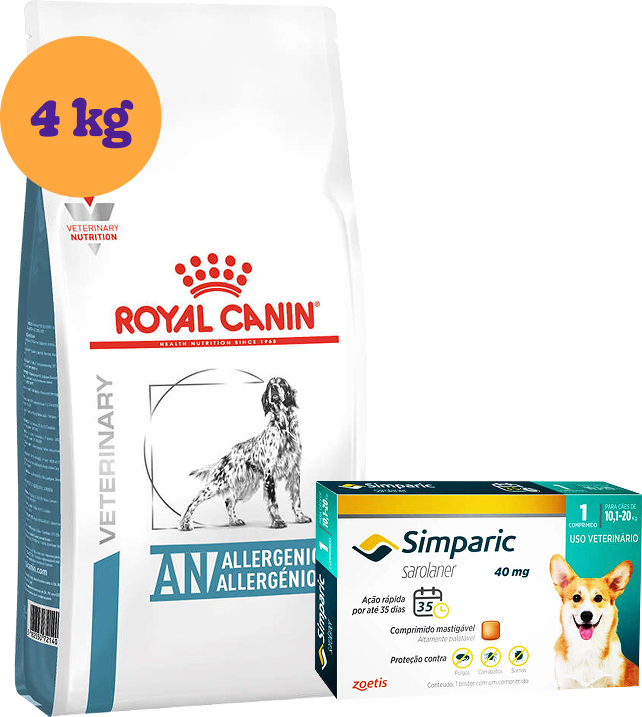 Kit Ração Royal Canin Anallergenic Cães Adultos 4kg e Antipulgas Simparic 40mg 10,1 a 20kg KIT - KIT