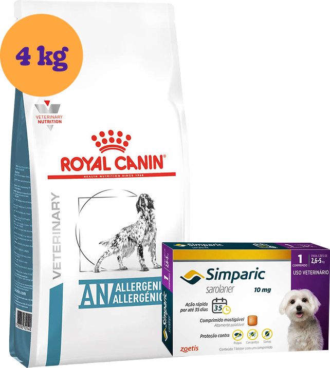Kit Ração Royal Canin Anallergenic Cães Adultos 4kg e Antipulgas Simparic 10mg Cães 2,6 a 5kg KIT - KIT