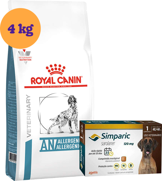 Kit Ração Royal Canin Anallergenic Cães Adultos 4kg e Antipulgas Simparic 120mg 40,1 a 60kg KIT - KIT