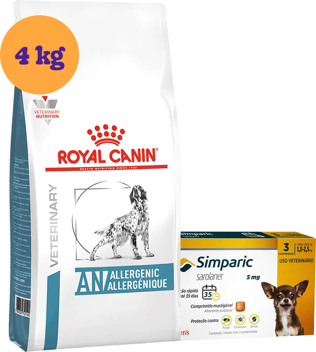 Kit Ração Royal Canin Anallergenic Cães Adultos 4kg e Antipulgas Simparic 5mg 1 Comprimido KIT - KIT