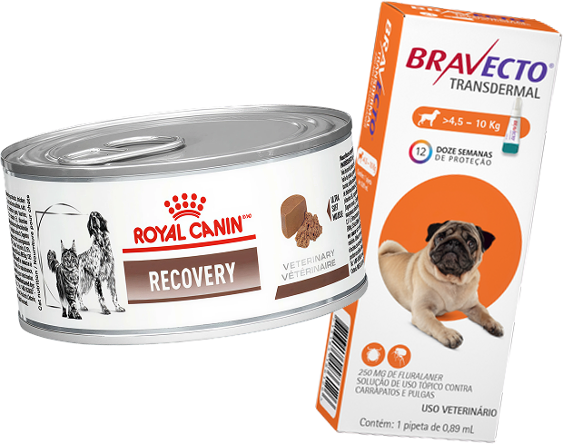 Kit Ração Royal Canin Veterinary Diet Recovery Lata 195 g + Antipulgas Bravecto 250mg Cães 4,5 a 10kg - KIT
