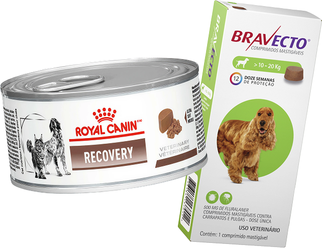 Kit Ração Royal Canin Veterinary Diet Recovery Lata 195g - Cães e Gatos + Antipulgas Bravecto 500mg 10-20kg - KIT