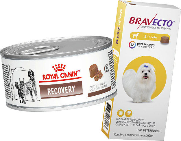 Kit Ração Royal Canin Veterinary Diet Recovery Lata 195g + Antipulgas Bravecto 112,5mg Cães 2-4,5kg - KIT