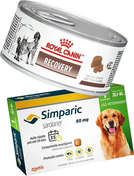 Kit Ração Royal Canin Veterinary Diet Recovery 195g - Cães e Gatos + Antipulgas Simparic 80mg para Cães - KIT