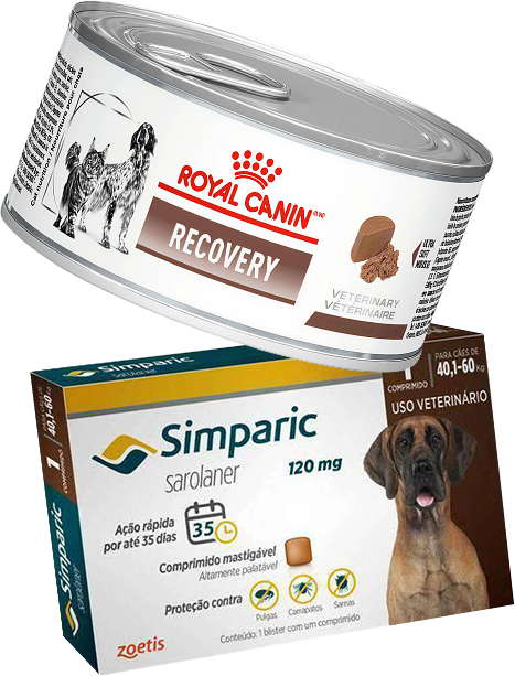 Kit Ração Royal Canin Veterinary Diet Recovery Lata 195g para Cães e Gatos + Antipulgas Simparic 120mg para Cães - KIT