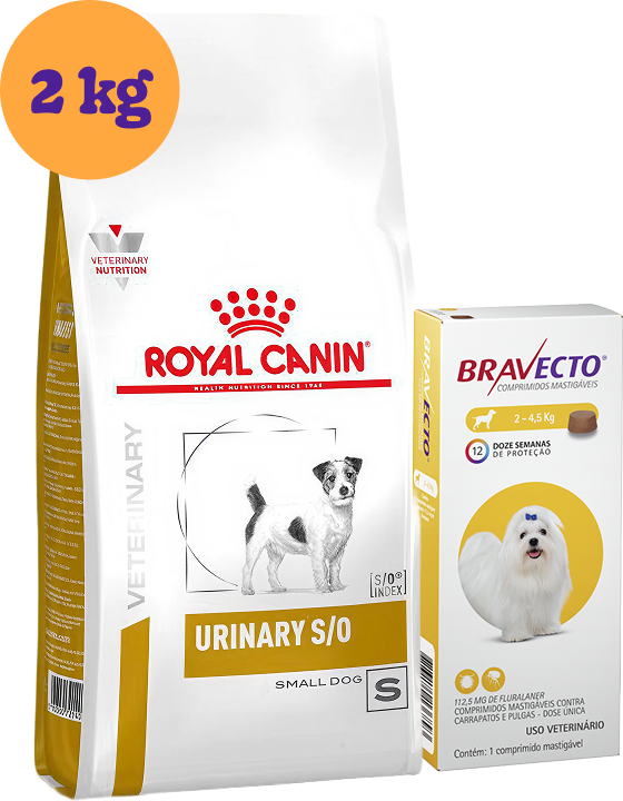 Kit Ração Royal Canin Urinary para Cães Pequenos 2Kg e Antipulgas Bravecto para Cães 2 a 4,5Kg KIT - KIT