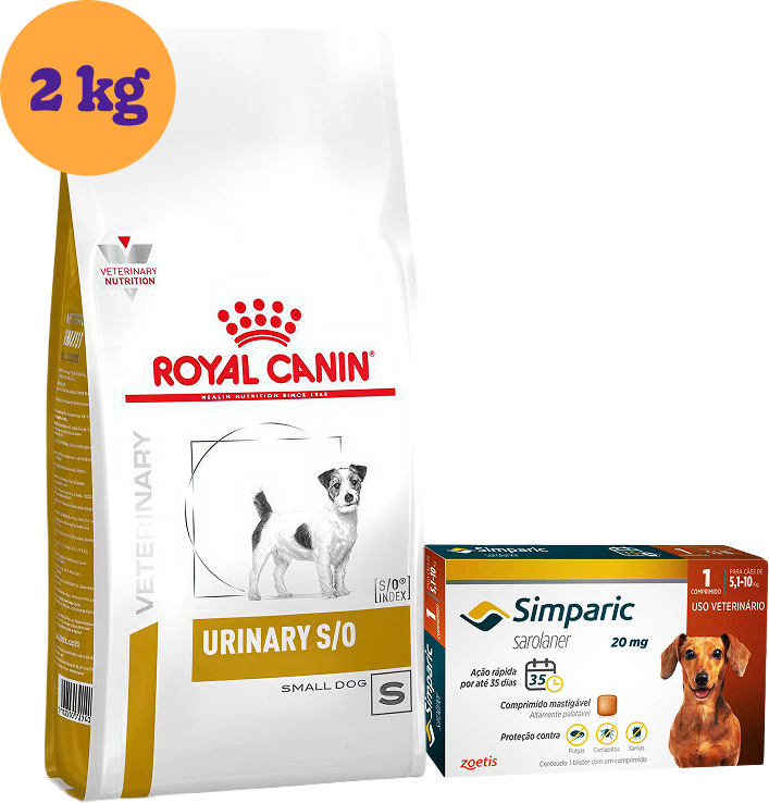 Kit Ração Royal Canin Urinary para Cães Pequenos 2Kg e Antipulgas Simparic 20 mg para Cães 5,1 a 10Kg KIT - KIT