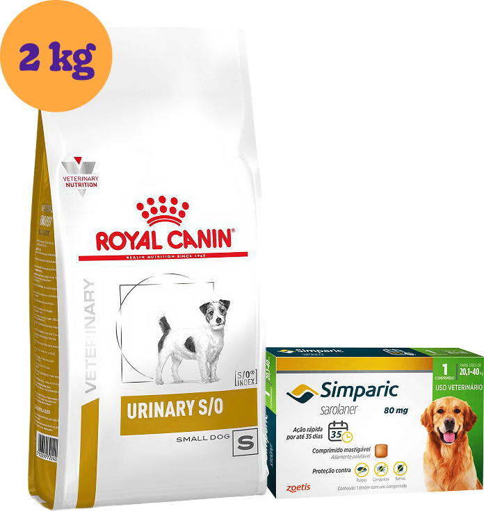 Kit Ração Royal Canin Urinary para Cães Pequenos 2Kg e Antipulgas Simparic 80 mg para Cães 20,1 a 40Kg KIT - KIT