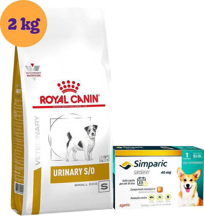 Kit Ração Royal Canin Urinary para Cães Pequenos 2Kg e Antipulgas Simparic 40 mg para Cães 10,1 a 20Kg KIT - KIT