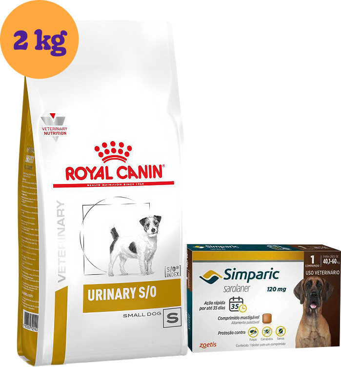 Kit Ração Royal Canin Urinary para Cães Pequenos 2Kg e Antipulgas Simparic 120 mg para Cães 40,1 a 60Kg KIT - KIT