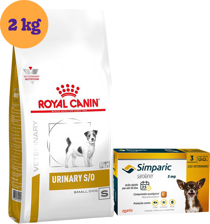 Kit Ração Royal Canin Urinary para Cães Pequenos 2Kg e Antipulgas Simparic 5 mg 1 Comprimido KIT - KIT
