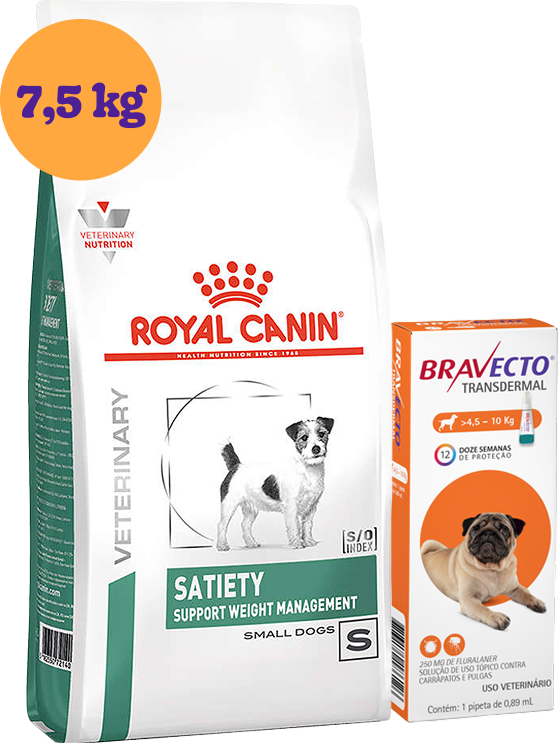 Kit Ração Royal Canin Satiety Cães Raças Pequenas 7,5Kg e Antipulgas Bravecto Cães 4,5 a 10Kg 250 mg KIT - KIT